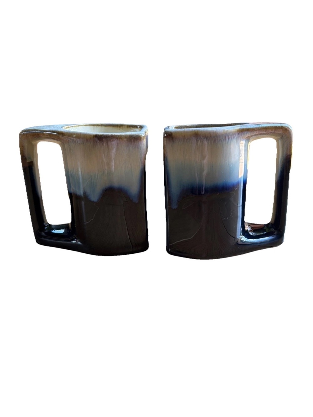 (2) Rodolfo Padilla Stackable Signed Stoneware Mugs Blue Beige Drip Glaze 4.25"